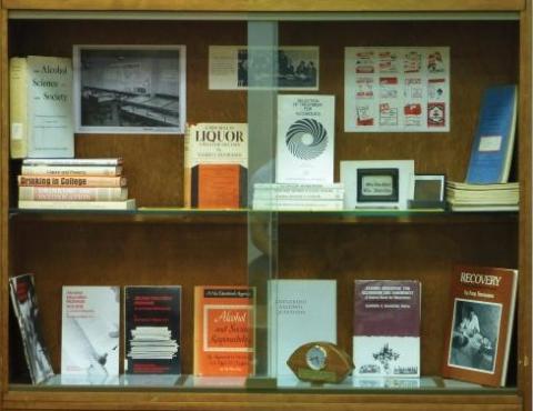 photo of a display case with various texts about Alcohol Studies